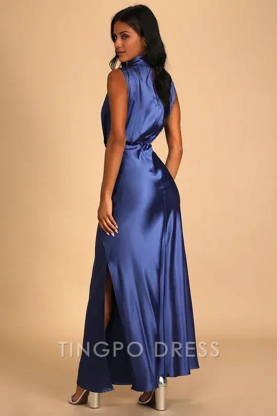 TingPo Wholesale Signature Elegance Blue Satin Sleeveless Mock Neck Maxi Dress formal wear dresses 
